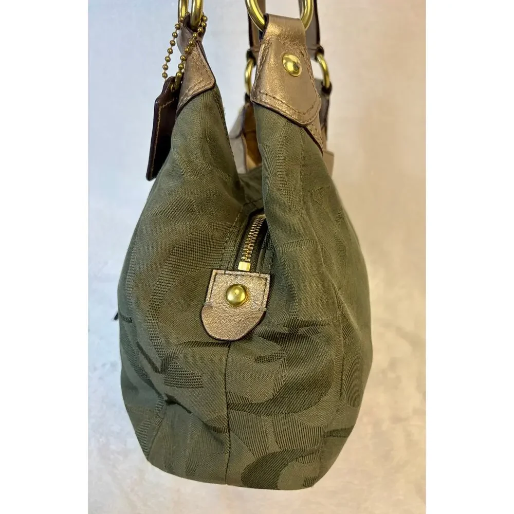 Coach Soho Lynn Signature C Hobo, Olive Green with Metallic Leather Trim, Charm